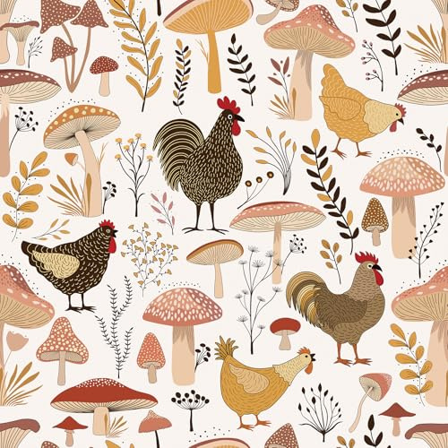 ReWallpaper Mushroom Self Adhesive Wallpaper White Pattern 44.5CM×7M Colour Contact Paper for Cabinets Drawers Animal Wallpaper for Nursery Kids Bedroom Roosters Mushroom Sticky Wall Paper Roll