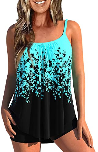 Tankini Maillot De Bain Femme 2 Pieces Grande Taille Tankini Shorty Menstruelle Ensemble Maillot De Bain Taille Haute Amincissant avec Armature Bikini Ete Pas Cher Swimwear(Ciel Bleu,3XL)