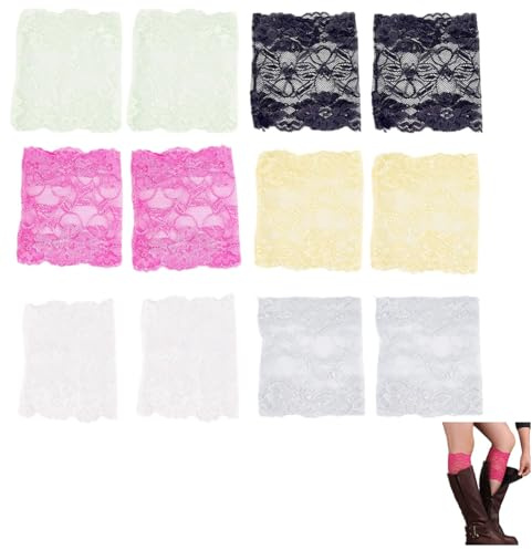 CABODYALS 6 Paris 6 Colours Stretch Lace Floral Pattern Boot Cuff Socks Colourful Crochet Decorative Soft Laced Trim Leg Warmers Short Knitted Topper Cuffs Calf Socks for Women Halloween Accessories
