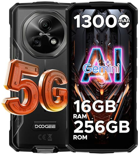 DOOGEE Fire 7 Rugged Smartphone 5G, Gemini AI 16GB+256GB/2TB Telefono Cellulare, 13000mAh Telefono Indistruttibile, 64MP+16MP Rugged Phone, Android 15/MTK 6300 Octa Core/Dual SIM/NFC/GPS/IP68/BT5.2