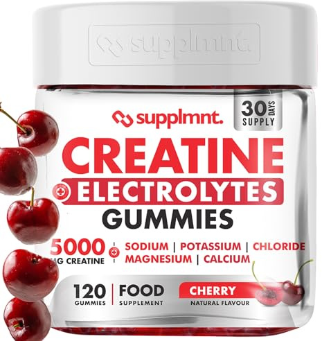 Supplmnt. Creatine Gummies with Electrolytes, 5000mg Creatine Monohydrate, Cherry Flavour, 120 Gummies, Vegan, Gluten-Free, Non-GMO, Food Supplement, 30-Day Supply