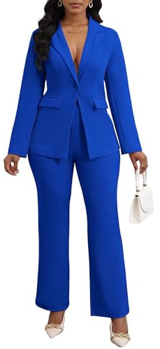 Womens 2 Piece Pant Suits Dressy Blazer Jacket Flare Pants Set Casual Business Suiting Formal Work Office Outfits, Blue, Large
