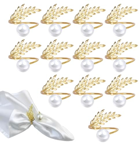 12 PCS Portatovaglioli, Anelli per Tovaglioli in Metallo Dorato, Design Elegante Foglie Dorate, Adatti per Matrimoni, Feste, Cene, Natale, Decorazioni da Tavola e Eventi Speciali