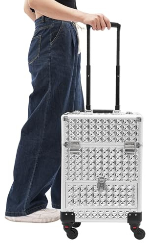 Mallette de maquillage à roulettes avec tiroirs verrouillables - Valise de maquillage professionnelle avec roulettes - Pour voyage, coiffeur, maquilleur, maquilleur, argenté