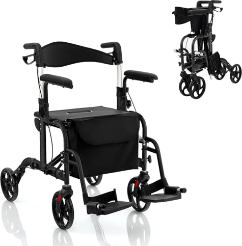 HOMASIS 2 in 1 Deambulatore Pieghevole con Altezza Regolabile, Maniglia con Freno a Mano, Porta-Ombrello, Rollator Leggero con Schienale Reversibile per Anziani e Disabili, Portata di 136 kg (Nero)