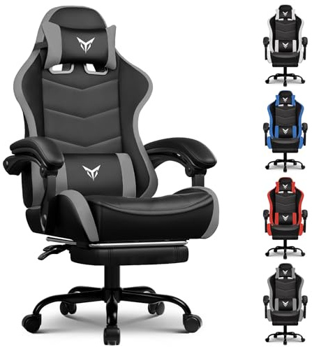 GTPLAYER Gaming Chair with Footrest, Video Game Chairs Racing Style PC Game Chairs 350lbs for Adults - Padded High Back Ergonomic Reclining Silla Gamer, Linkage Armrest, Grey