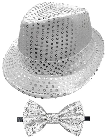 GYIOFAI 2 Pièces Chapeau à Paillettes Unisexe pour Adulte, Noeud Papillon Paillette, Noeud Papillon avec Paillettes, Tenue Disco, Chapeau à paillettes, Accessoires Paillettes pour Fêtes, (Argent)