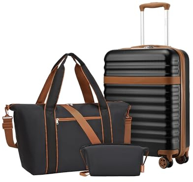 Kono Juego de Maletas con Maleta Cabina Rígida 55x40x20, Negro | ABS+PC, Ruedas TPE, Bolsa con Correa Ajustable y Hebilla, Neceser, para Hombre