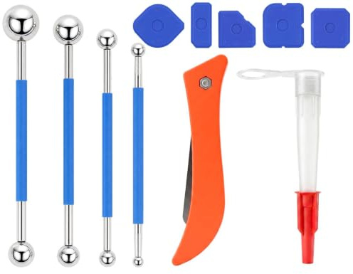 11 stycken verktygsspapsats, fogutjämningsverktyg, 4-i-1 silikonfogutjämningsverktyg med metallbollsskrapa, fogskrapa och patronspetsar, silikonfogsavdragare caulking kit för kakel