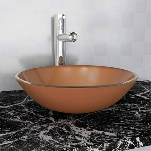 Ordellia Lavabo en verre trempé marron 42 cm, vasque à poser avec surface couleur cuivre pour salle de bain, chambre d'amis, WC et toilettes, facile à nettoyer, trou de vidange de 4,5 cm, épaisseur du