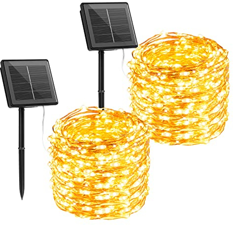 Brightown Solar String Lights, 2 Packs Total 66Ft 200 LED Solar Fairy Lights with 8 Modes, Waterproof Solar Lights for Outside Patio Yard Tree Wedding Christmas(Warm White)