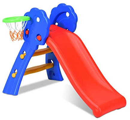 Maxmass Folding Kids Slides, Freestanding First Slide with Humanized Handrails, Children Play Climber Slider for Indoor Outdoor (With Basketball Hoop: 103 x 68 x 73cm)