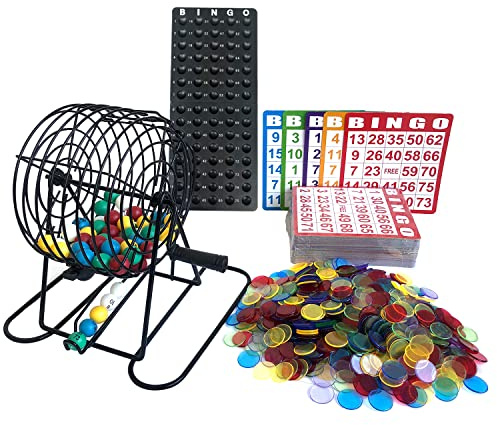 Yuanhe Deluxe Bingo Game Set-Includes Metal Cage,500 Colorful Bingo Chips,100 Bingo Cards,75 Colored Balls,Plastic Masterboard,Great for Large Groups,Parties …