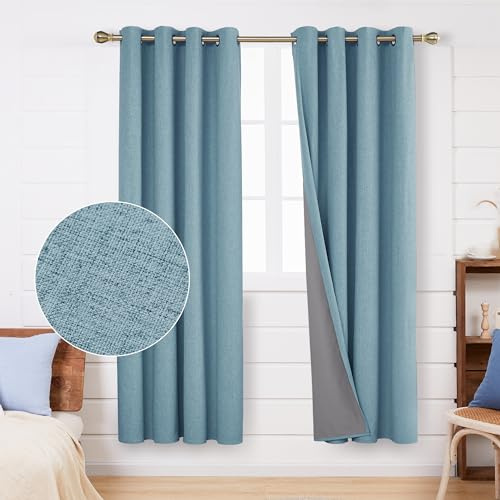 Deconovo Linen Look Window Treatment Thermal Insulated Ring Top Bedroom Blackout Curtains with Coating Back Layer for Girls 46 x 72 Inch Blue Grey Set of 2