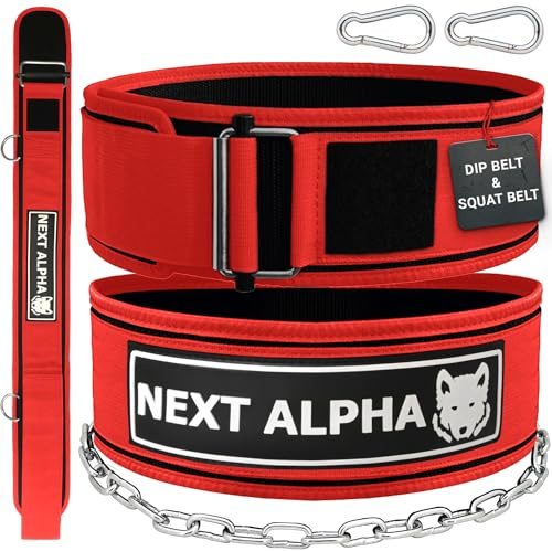 Next Alpha Gewichthebergürtel & Dip Gürtel-Kombination - Custom Weight Lifting Belt für Herren und Damen - Selbstverschluss- & Schnellverschlussschnalle - Mit Kette - Rot - Extra Large