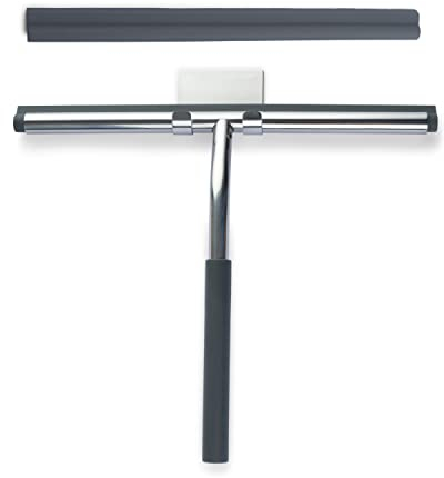 Duschabzieher Edelstahl, Fensterabzieher Inklusive Wandaufhänger Ohne Bohren und Ersatzlippe, Duschwischer für Badezimmer, Küche, Fenster, Auto und Glas Reinigung (grau)