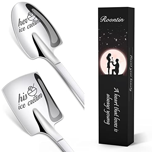 Her and Him Ice Cream Spoons, Stainless Steel Coffee Spoon Pack of 2 Set Valentines Day Wedding Gifts for Couple Lovers for Wedding Anniversary