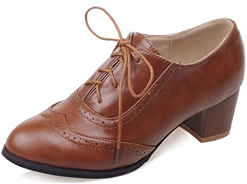Lroey Reoly Damen Blockieren Ferse Oxfords, Mittlere Fersenpumpe Runde Zehen Schnüren Brogue Schuhe Klassische Qsqqma Gelb Gr 39 EU