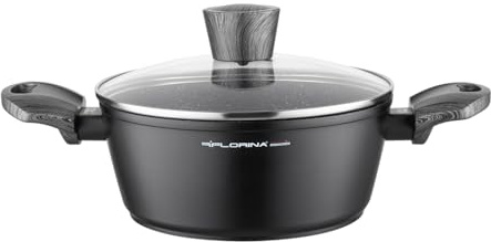 FLORINA Gryta Aluminium (2,5 l) I 20 cm Diameter I Kastrull med Glaslock - Non-Stick I Induktionsgryta - Oval I Perfekt för Induktionshäll, Gasspis och Elspis (Svart)