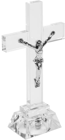 Ciieeo 1pc Crystal Standing Cross Decor Luminous Cross Sculpture Jesus Crucifix Statue Praying Religious Figurine Glass Holy Jesus Ornament Catholic Display for Tabletop Home Decor