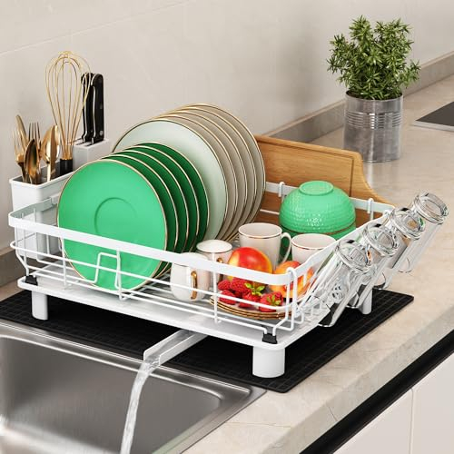 Boosiny Scolapiatti da Lavello, Scolapiatti in Acciaio Inox, Scolapiatti da Appoggio con Portautensili, Portabicchieri, Porta Tagliere(Bianco)