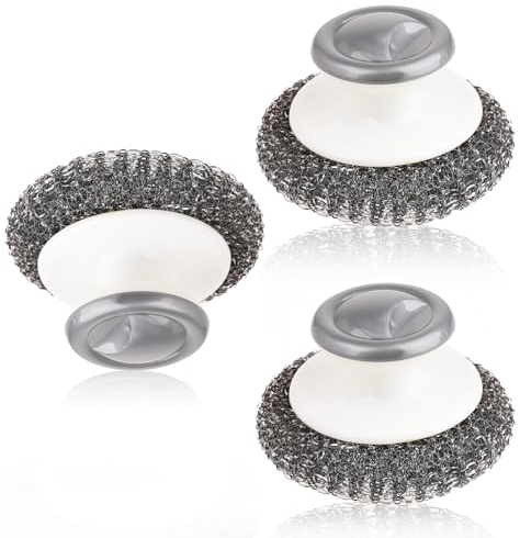 Stahlschwamm 3 Stück, Stahlwoll-Schrubber mit Griff, Edelstahl-Scheuerbürste, Küchenbürste zur Reinigung, Metallschwämme Stahlwolle Schwamm für Gusseisen, Spüle, Geschirr, Suppentöpfe