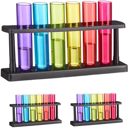 Relaxdays Reagenzgläser Schnapsgläser, 18 Gläser, 3 Halterungen, Kunststoff, 40 ml, Shotgläser Chemie, für Partys, bunt