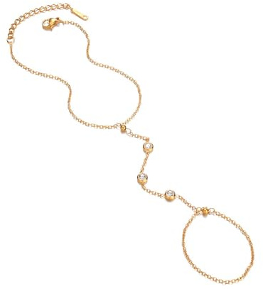CZ Finger Ring Bracelet Hand Chain Stainless Steel Crystal Diamond Slave Link Chain Hand Harness Bracelet 14K Gold Plated Accessories Jewelry Gifts for Women Girls Birthday (With CZ)