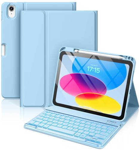 Vobafe Hülle mit Tastatur für iPad A16 11/10 Generation (2025/2022, 11/10.9 Zoll)- 7 Farben Beleuchtete Magnetische Abnehmbare Keyboard Schutzhülle mit Stifthalter für iPad 11. /10. Gen, Hell Blau