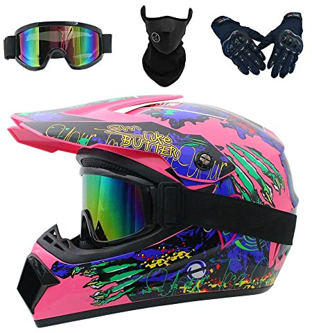 Full Face MTB Helmet, with Goggles Mask Gloves, Motocross Helmet, Adult Motorcycle Crash Helmet for Dirt Bike MX Quad Downhill Enduro Racing(Pink,XL (58-59cm))