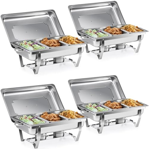 WILPREP Chafing Dish Buffet Set, 4 Pack 9L Chafers for Catering with Twelve 1/3 Size Food Pans Fuel Holders 4 Lids Foldable Frames, Stainless Steel Food Warmers for Parties Buffets Banquets Dinners