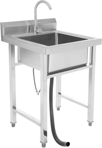 Fristående diskbänk, handfat i rostfritt stål, 1 handfat med 360° vridbar kran, snabb tömning, för kök restaurang camping, 60 x 60 x 93 cm, silver