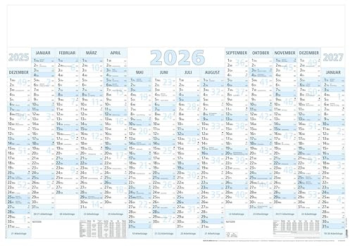 Zettler Plakatkalender 14 Monate blau 5 Stk. gerollt 2026 – Wandkalender groß 100 × 70 cm, 14 Monate auf 1 Seite inkl. Dez. 2025 & Jan. 2027, Tages-, Wochen- & Arbeitstagezählung, 5 Stück gerollt