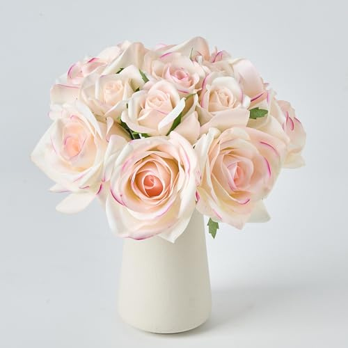 Avoeco 12-teiliger künstlicher Rosenstrauß in Keramikvase, künstliche Blumen in Vase, künstliche Blumen für Zuhause, Hochzeit, Brautstrauß, Party & Esstisch, Tafelaufsatz Dekor (Rosa)