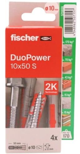 fischer - Duopower 10x50 Con Tornillo - 4U, Tacos para pared multimaterial, sirven para Colgar Bicicletas, Cuadros, Armarios, Soportes de Televisión, Estanterías, Muebles.