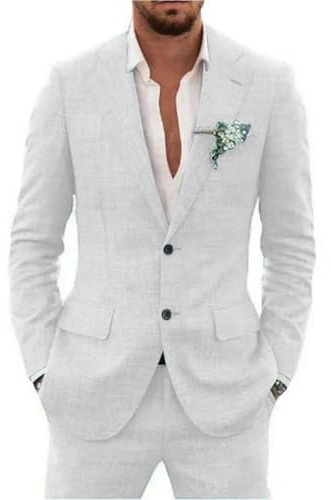 Traje de lino de 2 piezas para hombre, traje ajustado para verano, boda, novio, graduación, chaqueta de esmoquin y pantalones, blanco, M