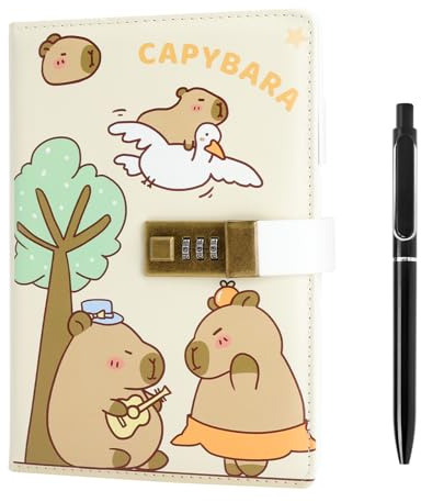 XRVRILE Dagbok med lås med kod för barn – Capybara anteckningsbok A5-med kombinationslås, 256 sidor, dagbok, barn med lås för pojkar och flickor inkl. 0,5 mm stift i rostfritt stål