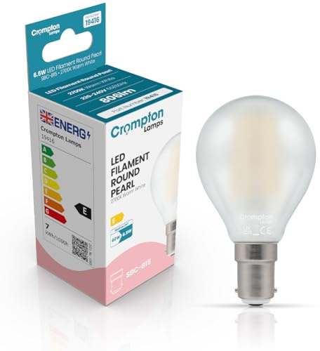 Crompton Lamps Filament Golfball LED Light Bulb SBC-B15d | 6.5W = 60W Equivalent | Warm White 2700K | Energy Efficient | Small Bayonet Lightbulb | Long Life 15,000-Hrs | Pearl Glass