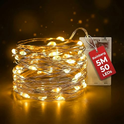 Rainberg LED Fairy Lights, 5M 50LEDs Battery Powered, Waterproof Copper Wire, DIY Bendable for Indoor and Outdoor, Wedding, Party, Christmas and Home Decoration (Warm White)