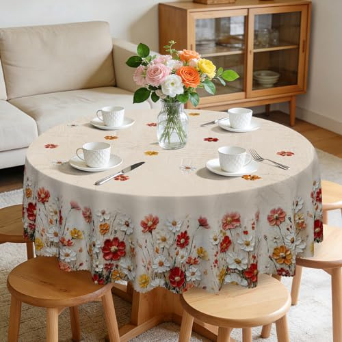 Eikione Round Tablecloth 60inch, Waterproof Fabric Flower Table Cloth Anti-Scratch Tablecloth Cover for Dining, Kitchen & Outdoor Table