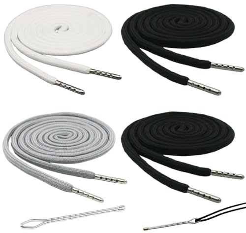 AVUELOI Cordón de repuesto con punta metálica, 4 piezas, cordones para pantalones de correr y sudaderas con capucha, 130 cm, cordón con aguja de enhebrar, 3 colores, negro/gris/azul