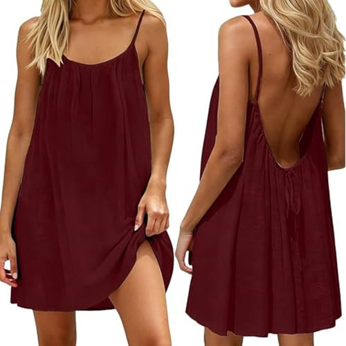 makabaky Robe d'Été Femme Dos Nu Caraco Courte Fluide Légère Bleu Clair | Ample,Manche courte,Tendance 2026,Confortable,Polyvalente,Décontractée,Quotidien,Loisir,Sortie,Mode,Plage,Vacances