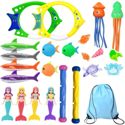 25 Piezas Juguetes de Buceo Submarino, Aros de Buceo, Sirenas, Tiburones, Bastones de Buceo, Pulpos, Peces y Piedras Preciosas Criaturas Marinas, Regalo Fiesta Piscina con Bolsa de Almacenamiento