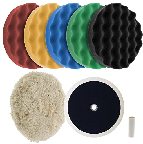 TCP Global Professional 6 Pad Buffing and Polishing Kit with 5 Waffle Foam Pads and 1 Wool Grip Pad for Car Detailing - Complete 8 inch Polisher Buffing Pads Set with 5/8 inch Threaded Backing Plate