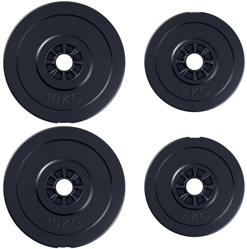 HOMCOM Juego de 4 Discos de Pesas de 2x5 kg y 2x10 kg Juego de Placas de Pesas con Agujero de Ø25 mm para Barra o Mancuernas Entrenamiento de Fuerza Levantamiento Negro