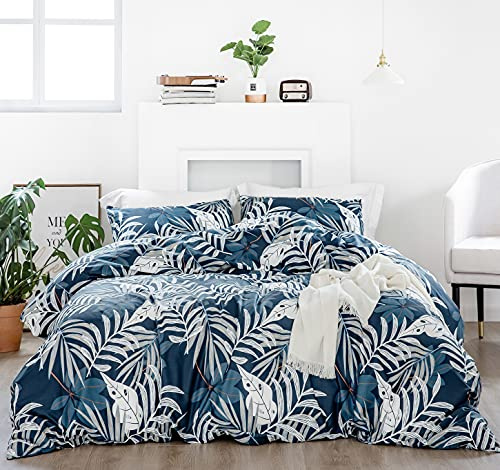 YuHeGuoJi Blue Tropical Duvet Cover Queen 100% Cotton 3 Pcs Set 1 Hawaiian Botanical Duvet Cover with Zipper Ties 2 Pillowcases Modern Farmhouse Coastal White Palm Leaves Bedding Set Soft