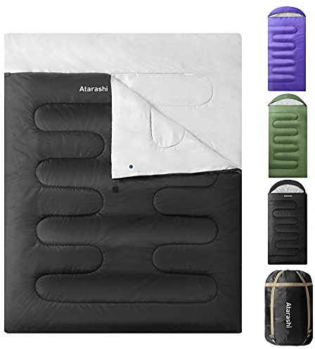 Atarashi Double Sleeping Bags for Adults, 3-4 Seasons Extra Wide XL Queen Size Two Person Sleeping Bag, Couple Black Sleeping Bags for Camping, Hiking and Outdoors, Warm Cold Weather, 59''X87''