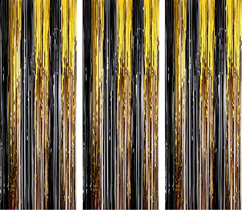 AILEXI 3er Pack Metallic Lametta Vorhänge Folie Fransen Schimmer Luftschlangen Vorhang Tür Fenster Dekoration für Geburtstag Hochzeitsfeier Lieferungen 3ft * 8ft - Schwarzes Gold