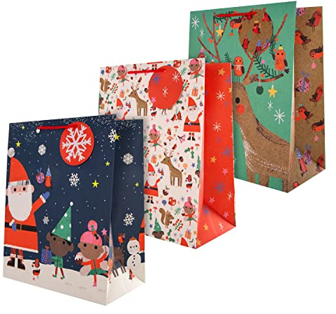 Hallmark Gift Bags, Pack of 3 Large Gift Bags, 3 Festive Santa & Reindeer Designs, Christmas