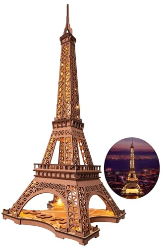 ROBOTIME 3D Puzzle for Adults DIY Model Building Kit with LED Light Wooden Eiffel Tower Craft Kit Architecture Toy Set Brain Teaser Gifts for Friend